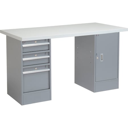 Global Industrial 96 x 30 Pedestal Workbench, 3 Drawers & Cabinet, Laminate Square Edge Gray 318861